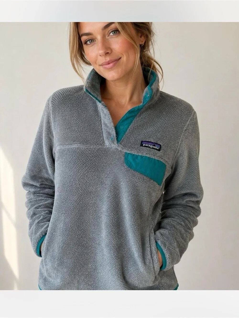 Patagonia Re-Tool Snap-T Fleece Pullover Feather Grey w/Teal Detail Pullover SM